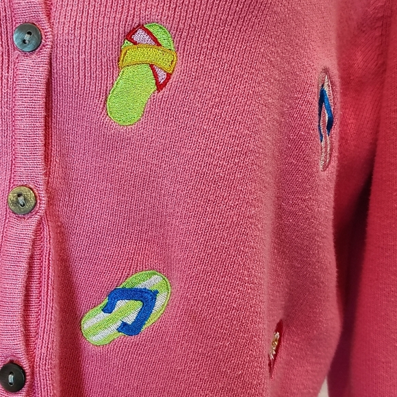 CAROLE LITTLE WOMENS MEDIUM EMBROIDERED PINK FLIP FLOP CARDIGAN 100% COTTON - Picture 2 of 7